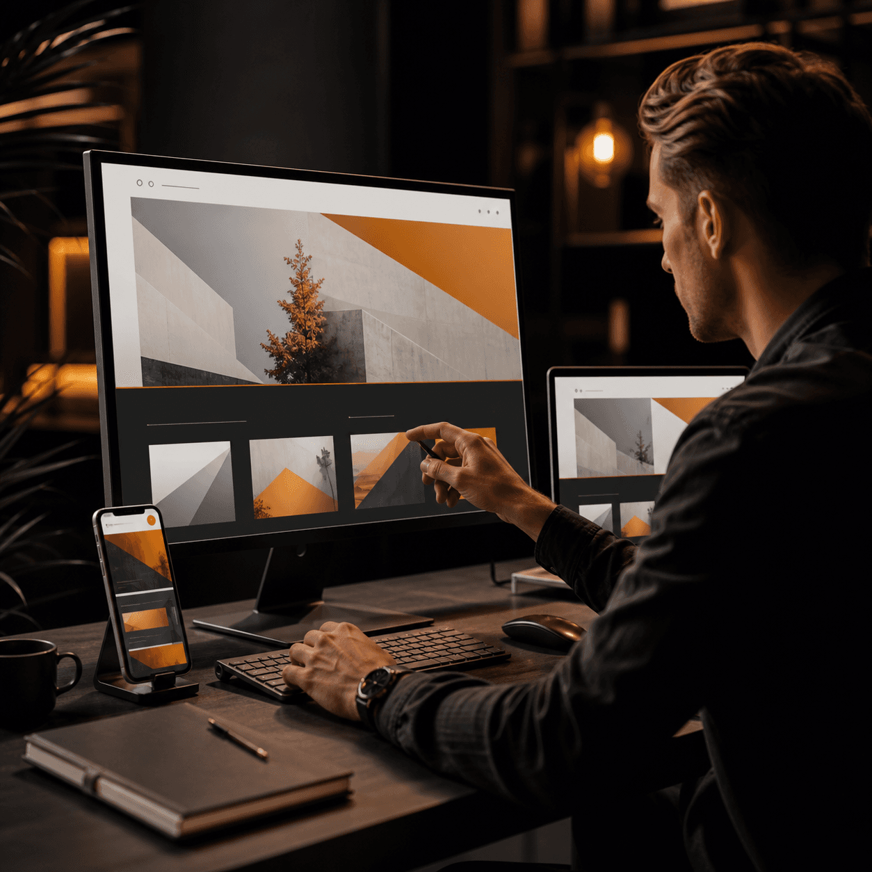 Designer reviewing a responsive website across a monitor and phone